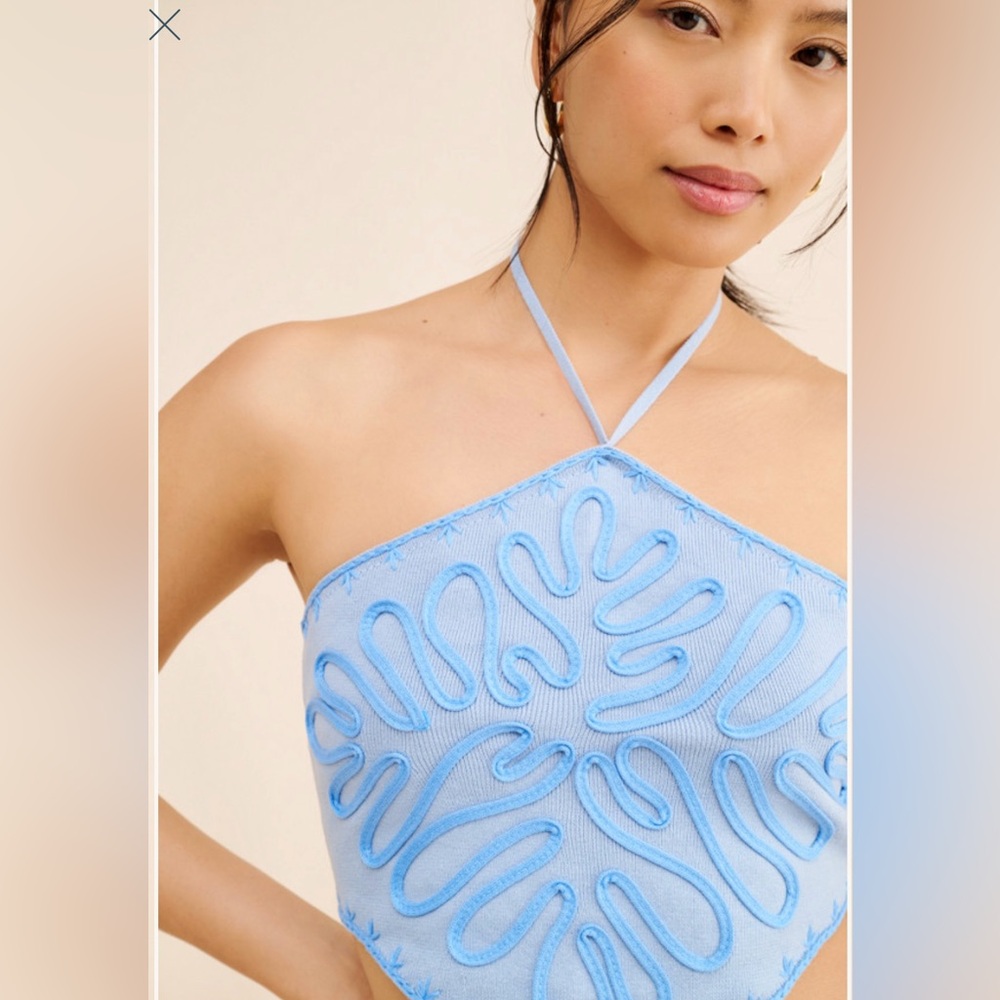 Embroidered Halter Top size S blue cropped silhouette back tie closure - Picture 1 of 10